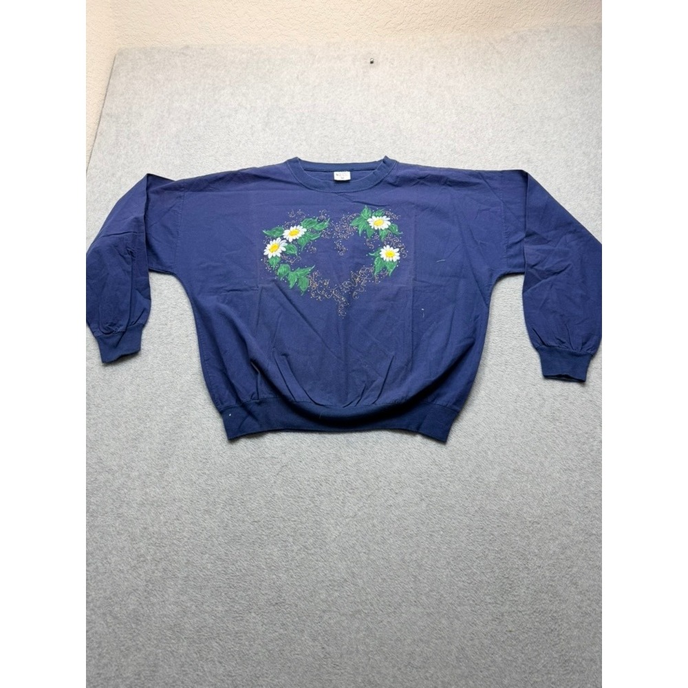 Vintage Navy Blue Floral Heart Daisy Graphic Crewneck Sweatshirt Oversized M